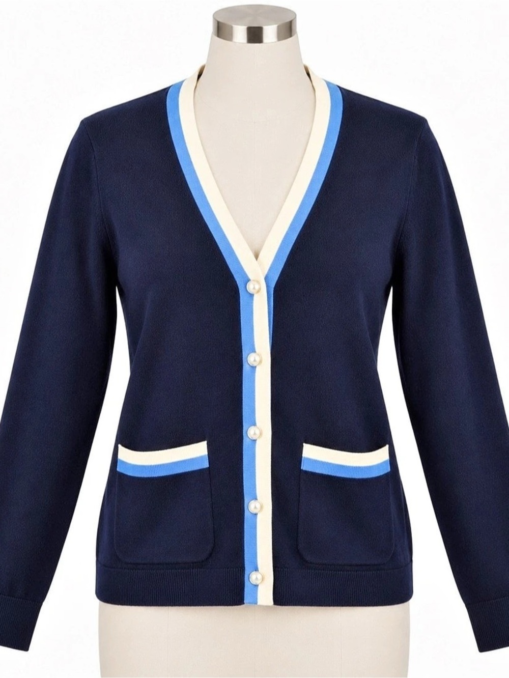 Talbots Women’s Petite Medium Navy Cardigan Cotton Cashmere Blend Striped Trim
